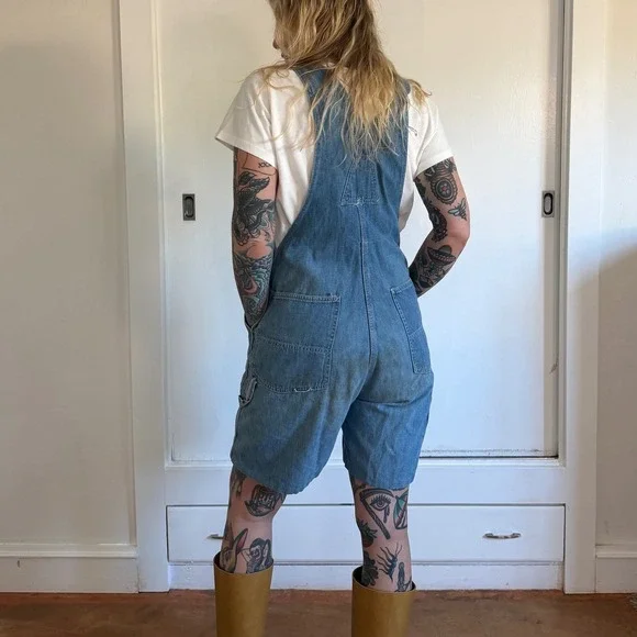 Vintage 1970s Gap Denim Shorts Medium Wash Workwear Overalls Carpenter - Picture 3 of 9